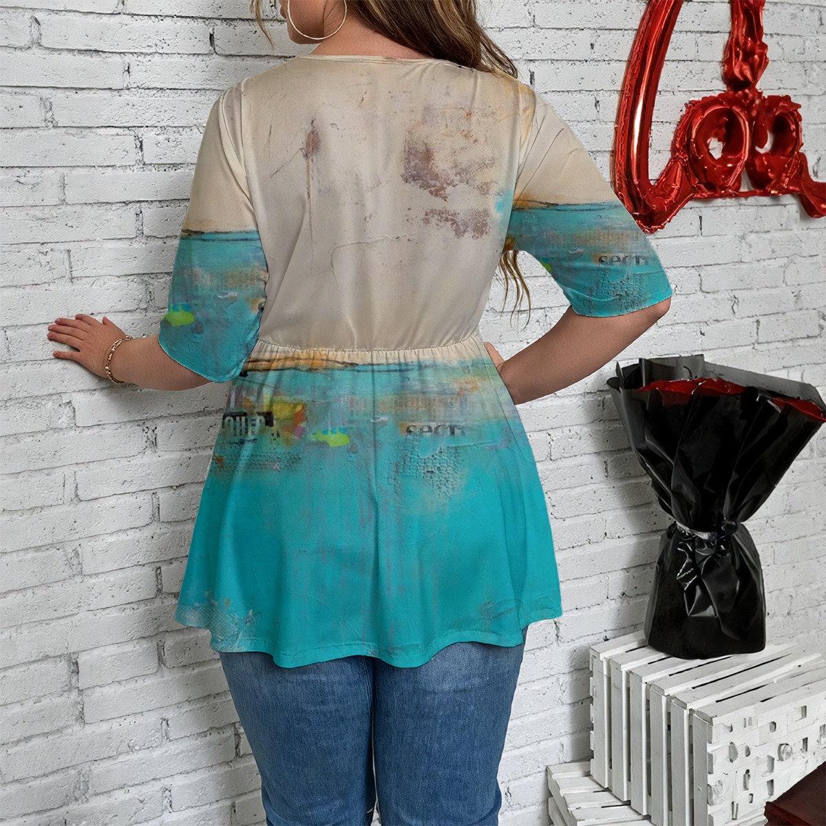 All-Over Print Women's V-Neck Asymmetrical Hem Top - Image 2