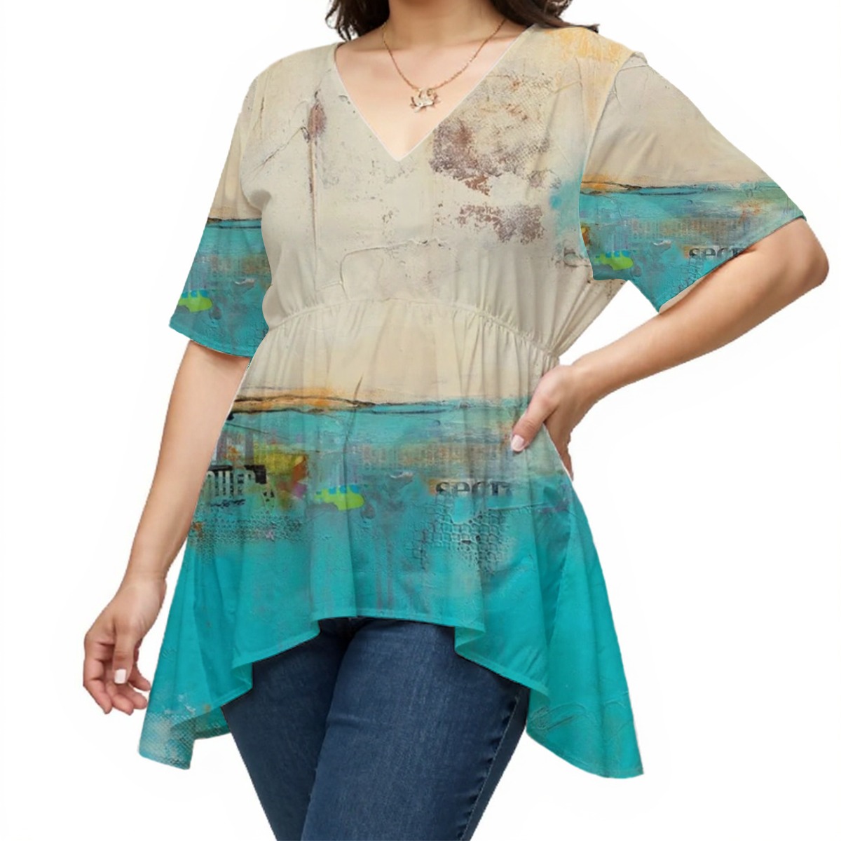 All-Over Print Women's V-Neck Asymmetrical Hem Top