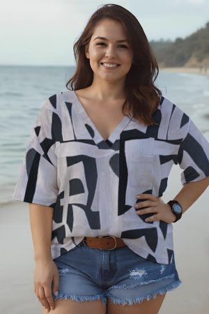 All-Over Print Women’s Casual V-Neck Short Sleeve Top